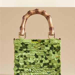 Anthropologie Green Sequin Tote with Bamboo Handle